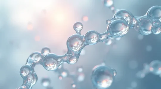 Visual metaphor of interconnected bioactive oligosaccharide molecules in a clear, clean space, evoking advanced health science, with subtle bokeh and tangible textures, no text or UI