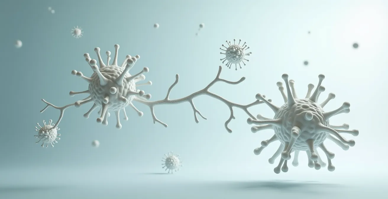 Minimalist visual showing the gut, immune, and brain network subtly linked in a natural, editorial style; no visible text or devices