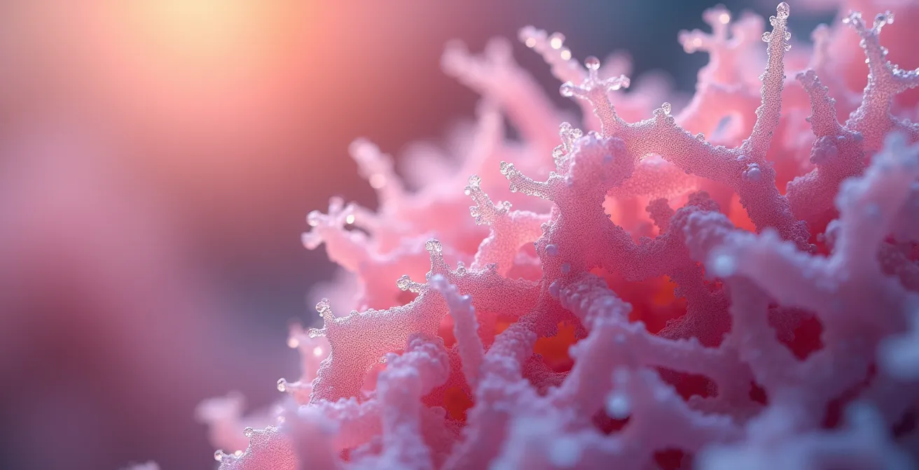 Extreme macro detail of microbe cultures or fibers representing precision synthesis of advanced oligosaccharides, tactile and textural, no writing or screens