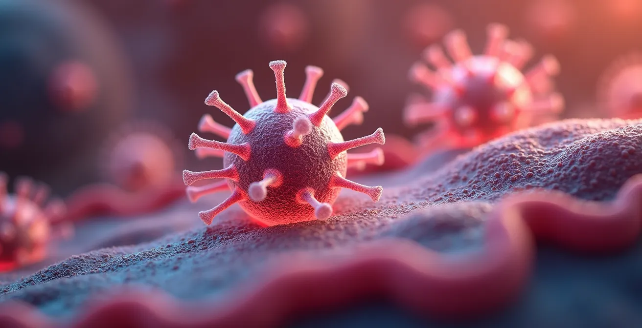Abstract visual metaphor of oligosaccharide molecules acting as decoys to block pathogens, rendered as molecular shapes intercepting glowing microbe-like forms; clean space, no text