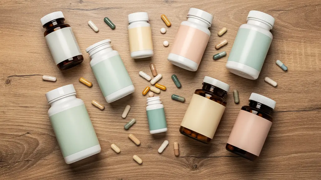 Selection of vitamin B12 iron and vitamin D supplement bottles on natural wooden surface