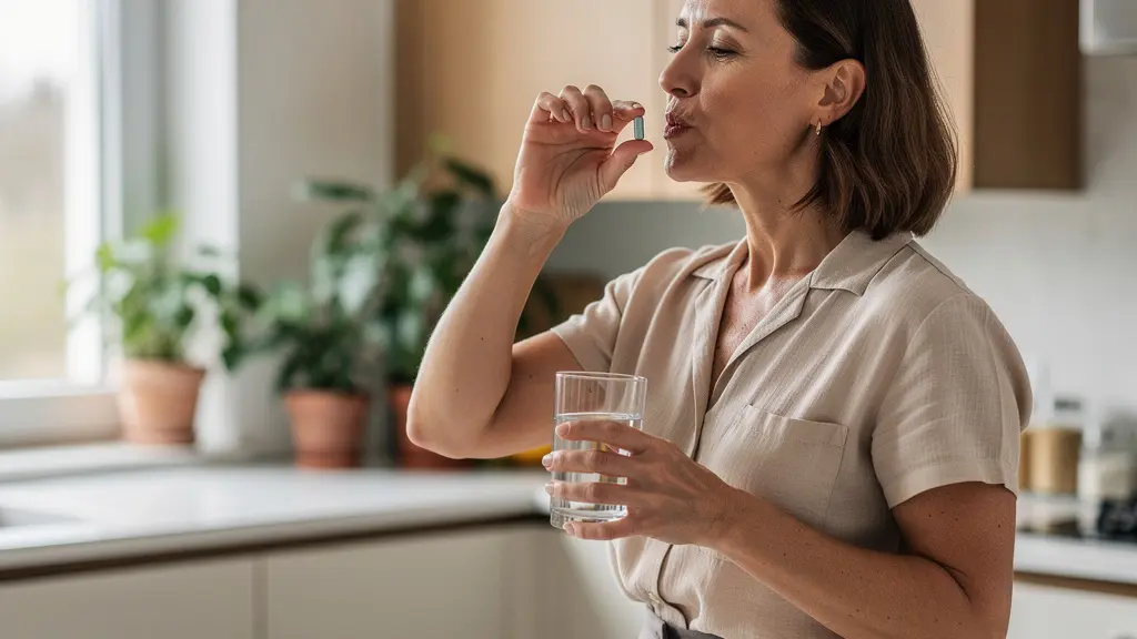 Professional woman taking energy vitamin supplement in modern kitchen morning routine