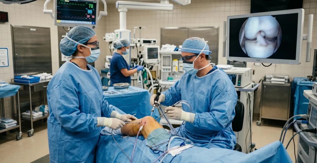 A surgical team performing an arthroscopic knee procedure in an operating room, illustrating minimally invasive technique
