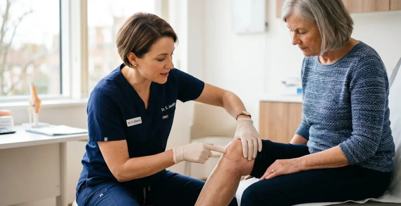 An orthopedic surgeon carefully examining a patient's knee in a clinical setting, conveying expertise and precision