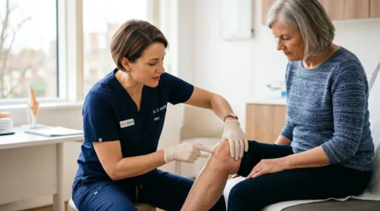 An orthopedic surgeon carefully examining a patient's knee in a clinical setting, conveying expertise and precision