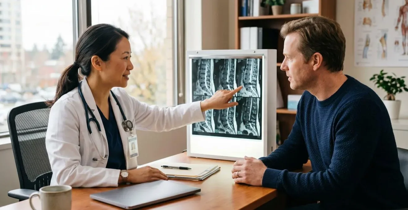 A patient and an orthopedic surgeon reviewing knee imaging results together during a medical consultation