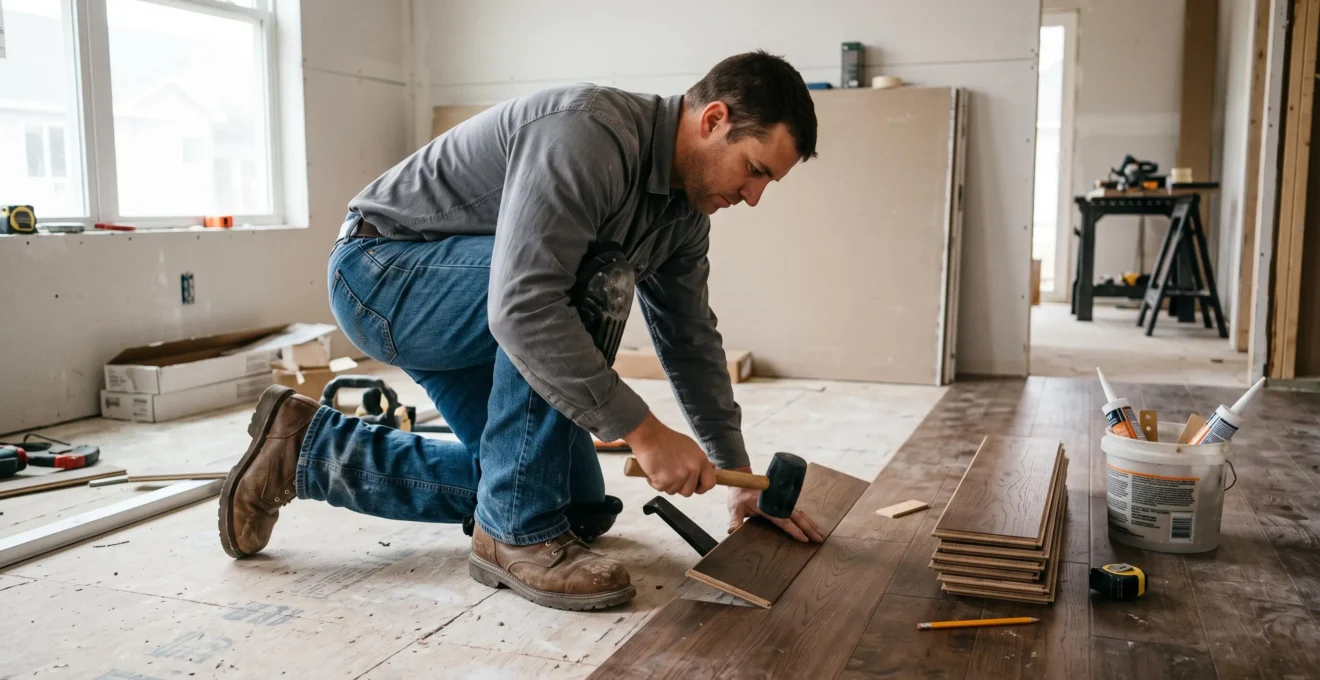 Construction worker kneeling while installing flooring materials at interior worksite