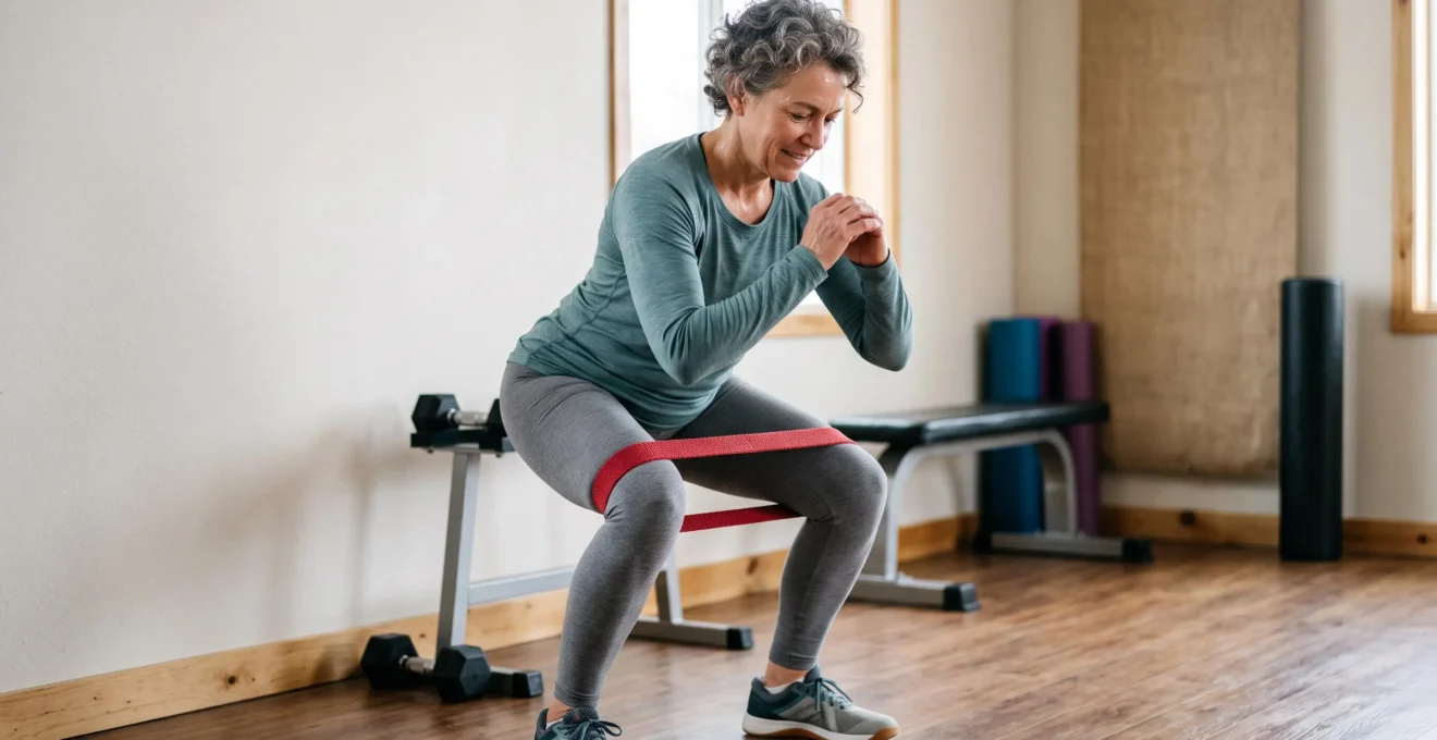 Mature adult performing leg strengthening exercise with resistance band in fitness space