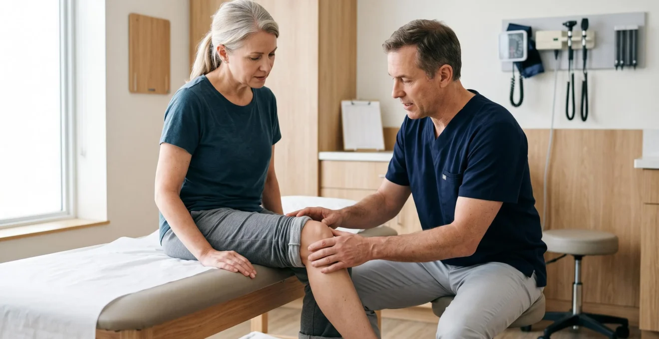 Orthopedic physician examining a patient's knee during clinical evaluation in medical office
