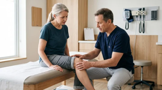 Orthopedic physician examining a patient's knee during clinical evaluation in medical office