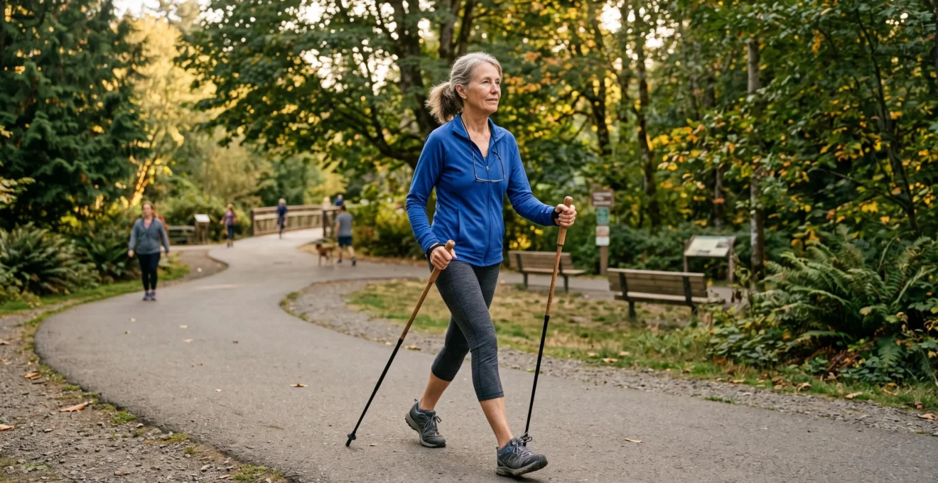 Senior adult engaged in Nordic walking or cycling on outdoor recreational path