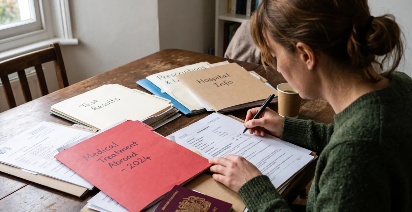 Patient organizing passport and medical documents ahead of scheduled surgery