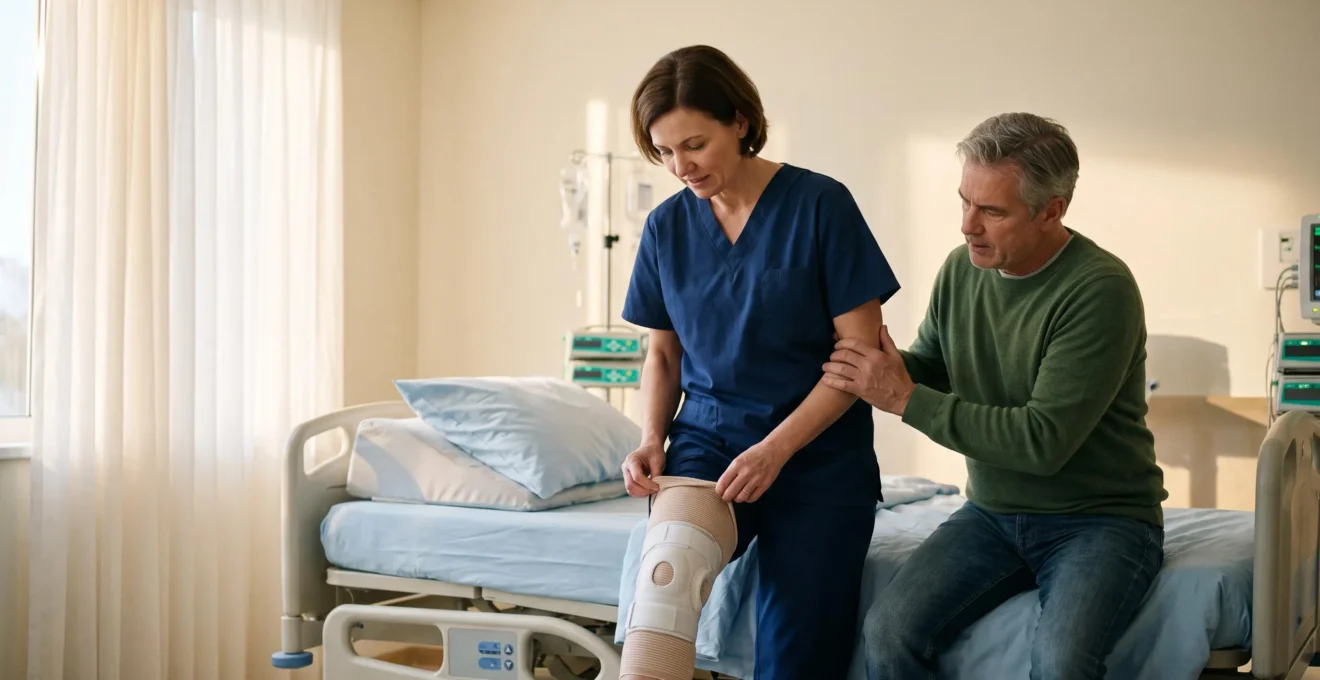 Hospital staff member helping recovering patient walk during rehabilitation after operation