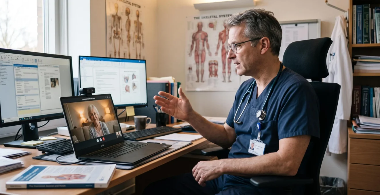 Surgeon leading a teleconsultation by laptop before planned surgery abroad